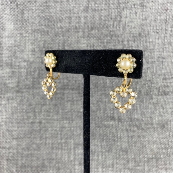 Vintage Heart Rhinestone Screw Back Earrings - Picture 3 of 6